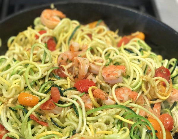 Zucchini Noodles with Baked Shrimp & Rainbow Tomatoes
